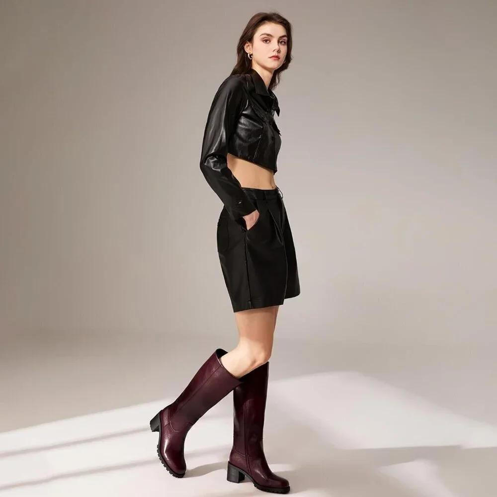 Women Brown Chunky Low Heel Square Toe Elastic Tall Boots Side Zipper PU Lea